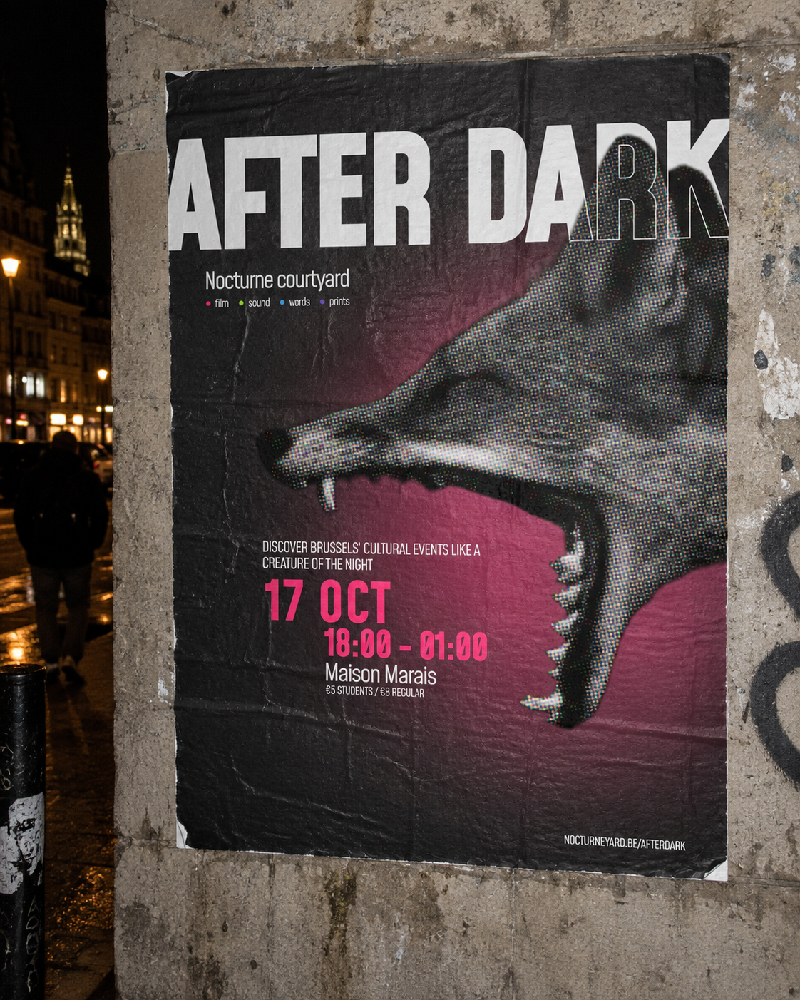 After Dark poster on a Brussels street at night, featuring a fox and pink event typography.